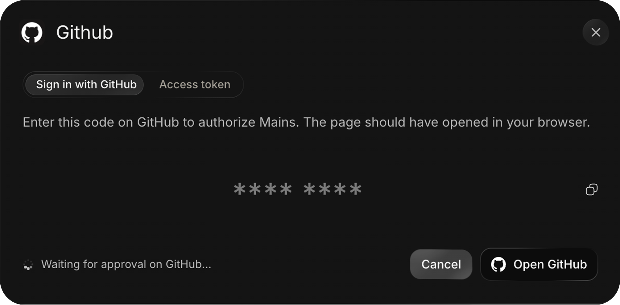 The device flow sign-in: a one-time code to approve in the browser