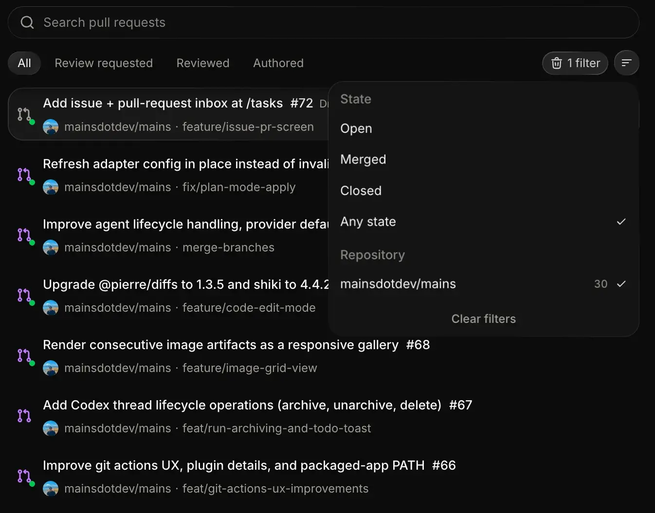 The filter menu open, with State and Repository facets