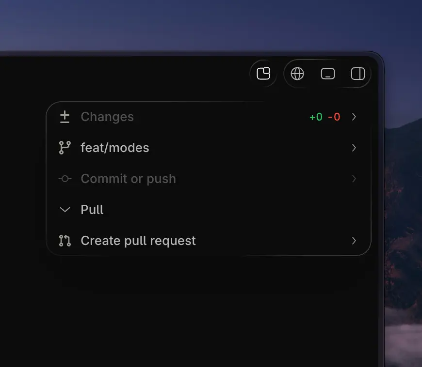 The git actions panel with Pull, Branch, Commit, and Pull request rows
