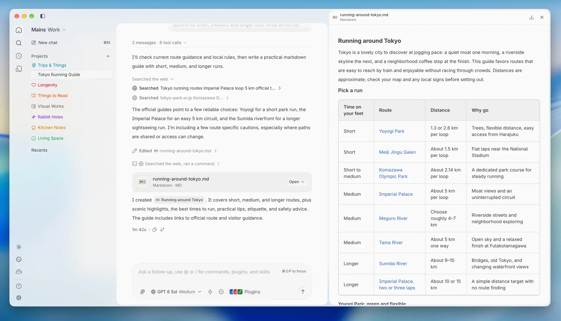 A Markdown guide produced by the agent, rendered beside the conversation in Mains