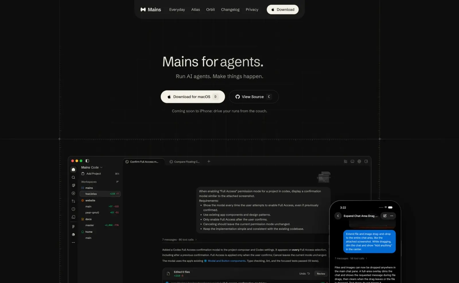 The mains.dev developer home page open in Mains' built-in browser