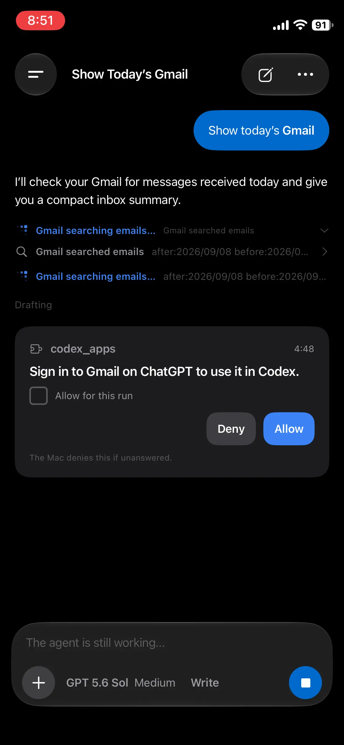An approval card on the phone: the tool, its input, and allow or deny