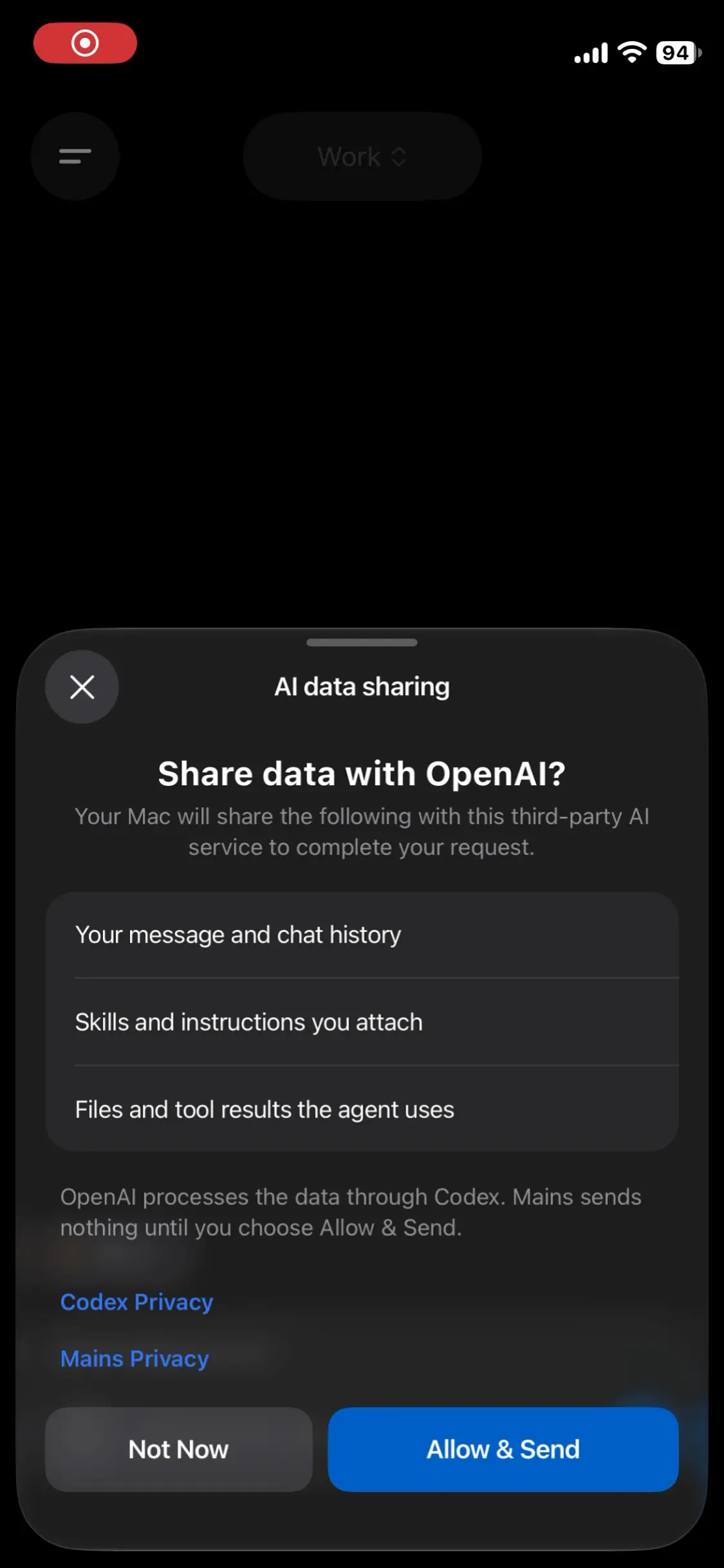 The AI data sharing sheet, naming the provider, the recipient, and its privacy policy
