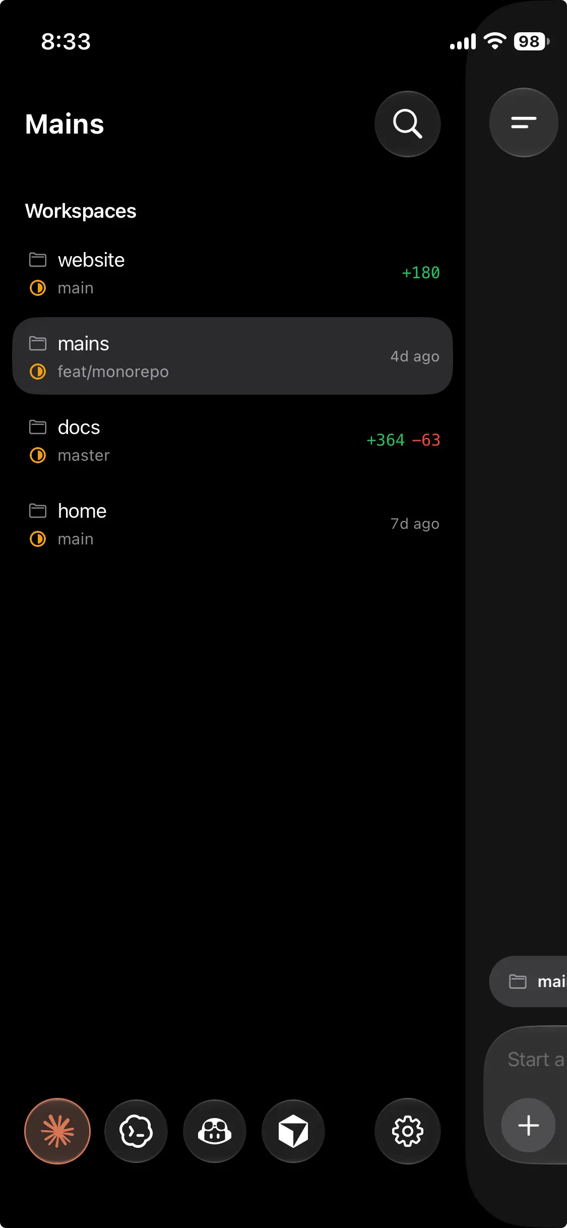 The phone's sidebar: mode segment on top, run target above the composer, and the drawer below