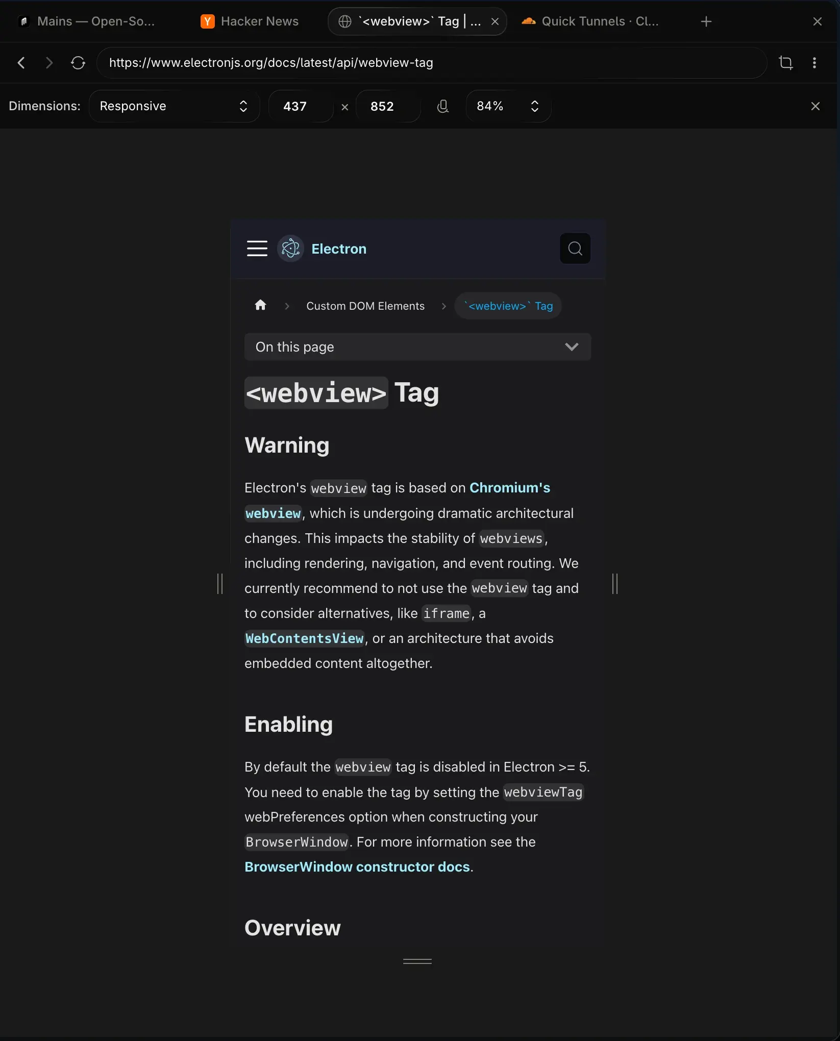 The same browser in device mode: a Dimensions toolbar reading 437 × 852 at 84%, and the page on a stage with drag handles on both edges