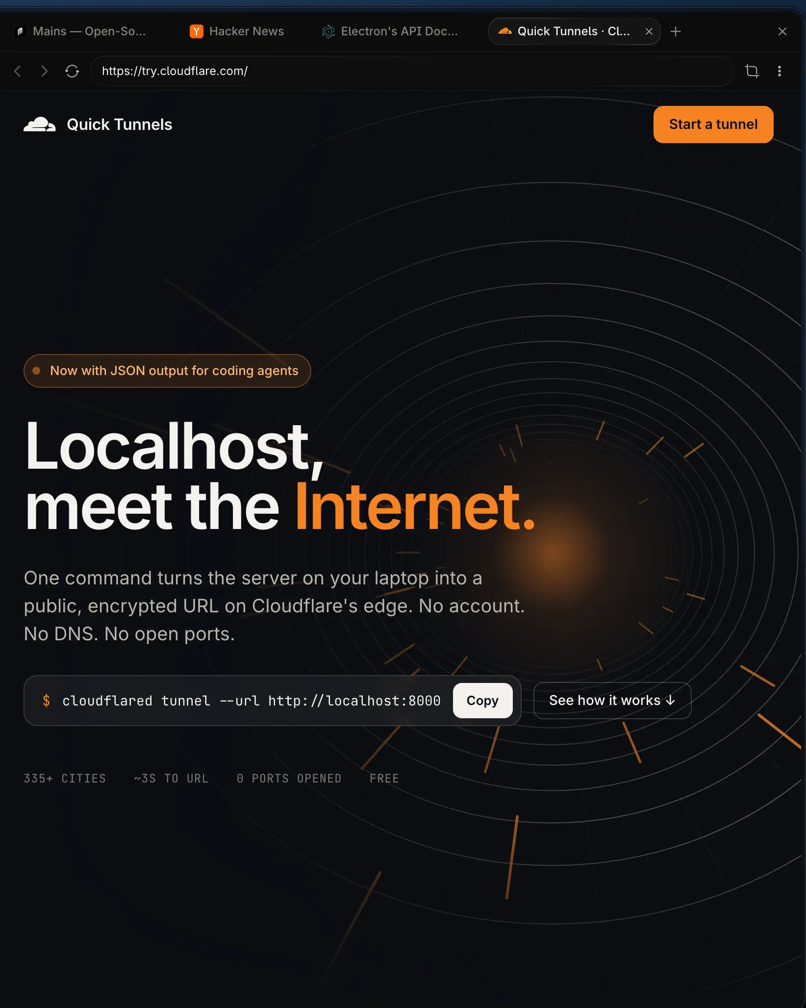 The in-app browser with four tabs and their favicons, on the page the agent was pointed at