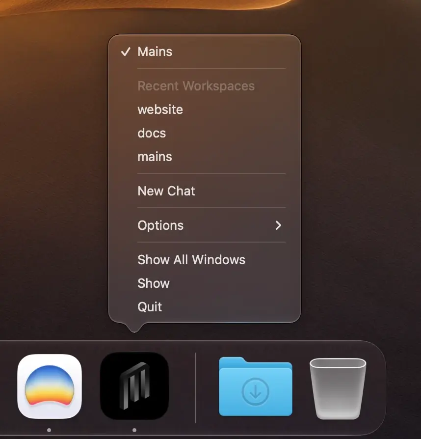 The Dock menu carrying recent workspaces, New Chat, Options, and the window actions