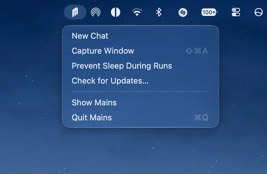 The Mains menu bar item open, with New Chat, Capture Window, Prevent Sleep During Runs and Check for Updates