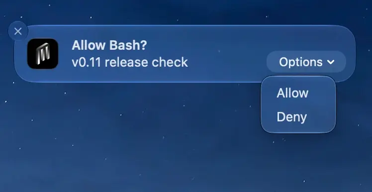 A macOS notification reading Allow Bash? over the run's name, its Options menu open on Allow and Deny