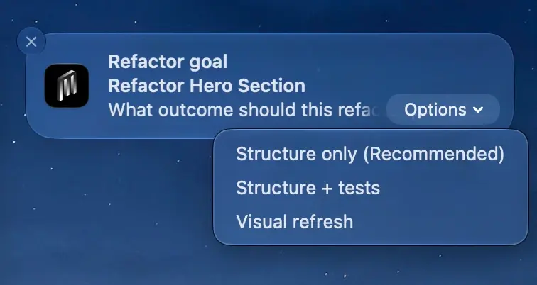 A notification for a single-choice question, its Options menu open with one item per answer