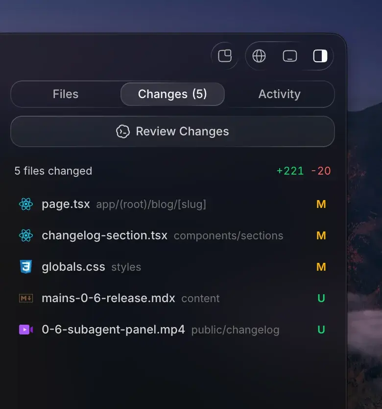 The workspace diff list with a status letter on every file row