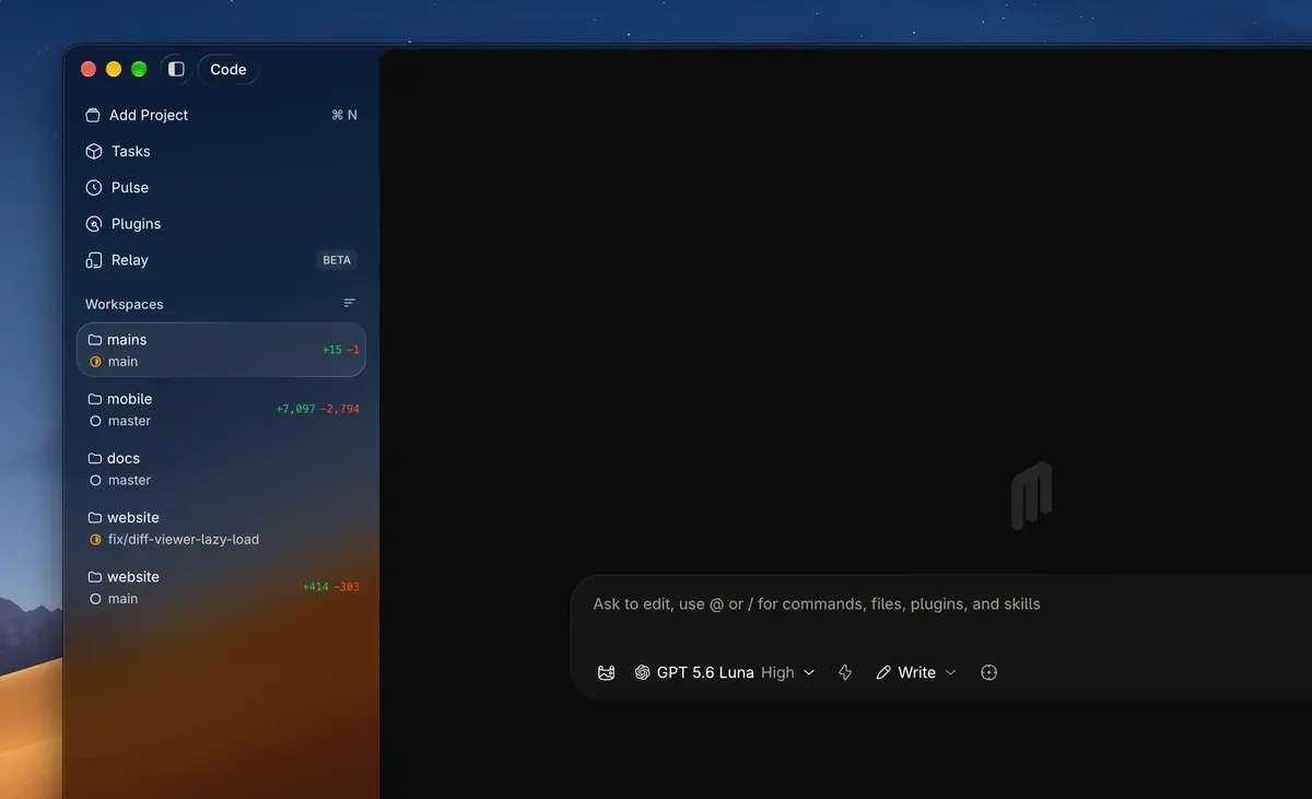A Code space with git actions, terminal, and the diff tab